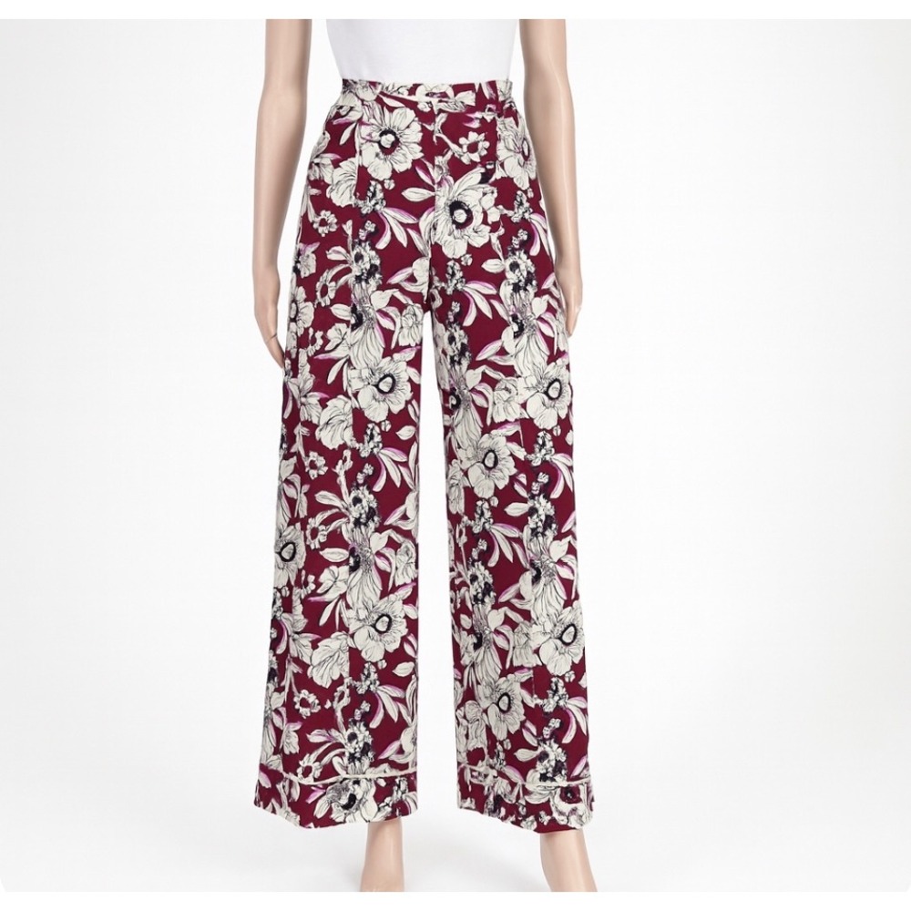 Express Stylist Wide Leg‎ Pants Womens 2L Burgundy White Floral High Rise Boho